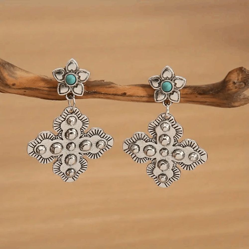 Western Flower Cross Silver Plated Turquoise Dangle Earrings